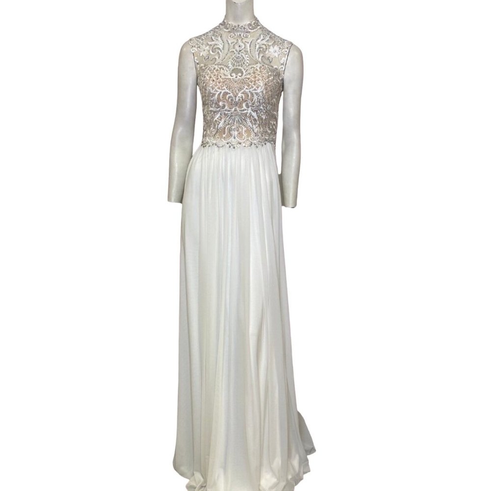 Jovani Embellished Lace Bodice Chiffon Skirt Gown White Size 2 NWT